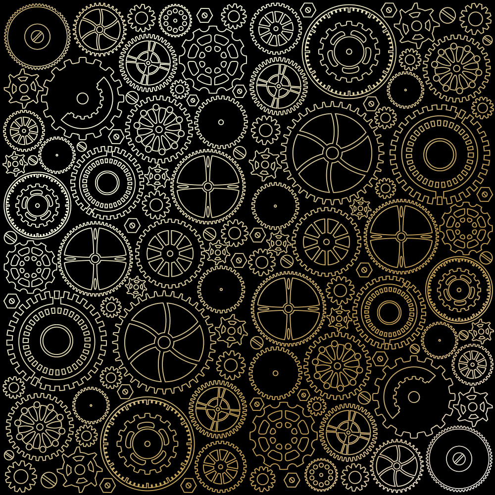 Sheet of single-sided paper with gold foil embossing, pattern Golden Gears Black, 12"x12" 