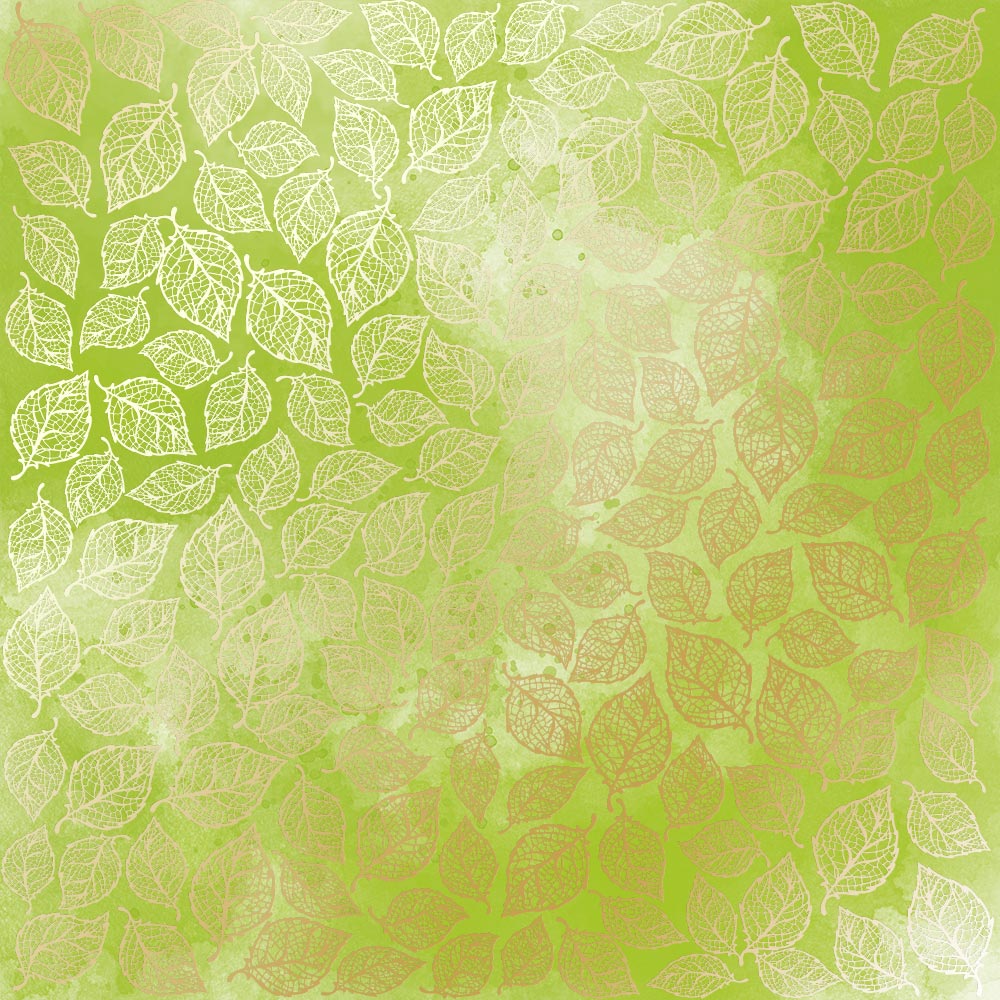 Arkusz papieru jednostronnego wytłaczanego złotą folią, wzór Golden Leaves mini, color Light green watercolor, 30,5см х 30,5cm - Fabrika Decoru