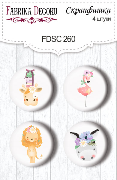 Set of 4pcs flair buttons for scrabooking "Summer holiday - Animals" #260