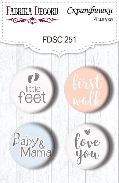 Zestaw 4 ozdobnych buttonów "Baby&Mama" EN #251 - Fabrika Decoru