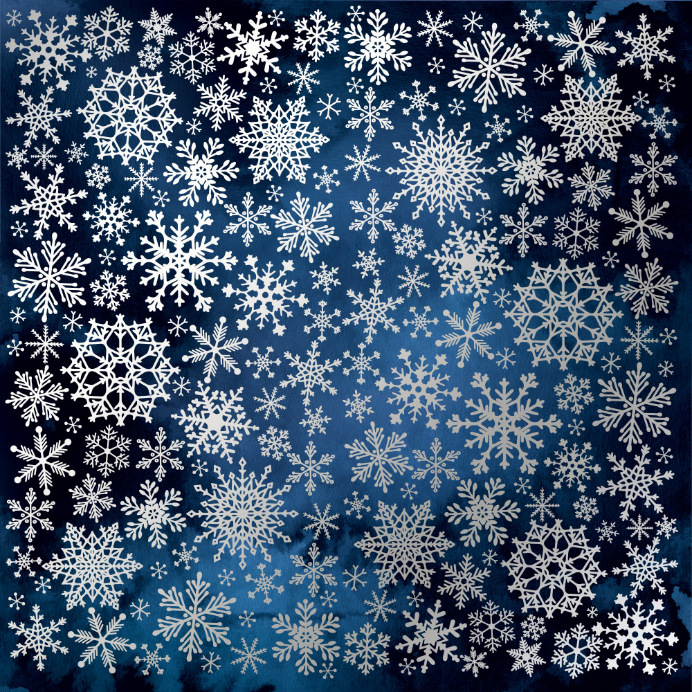 Sheet of single-sided paper embossed with silver foil, pattern Silver Snowflakes Night garden 12"x12"