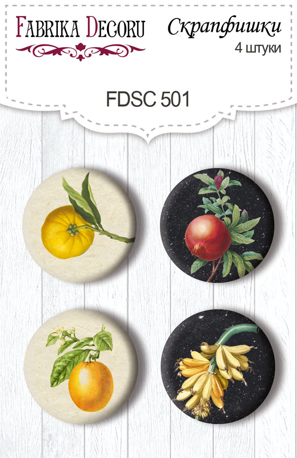 Set mit 4 Flair-Buttons für Scrapbooking Botanik exotisch #501 - Fabrika Decoru