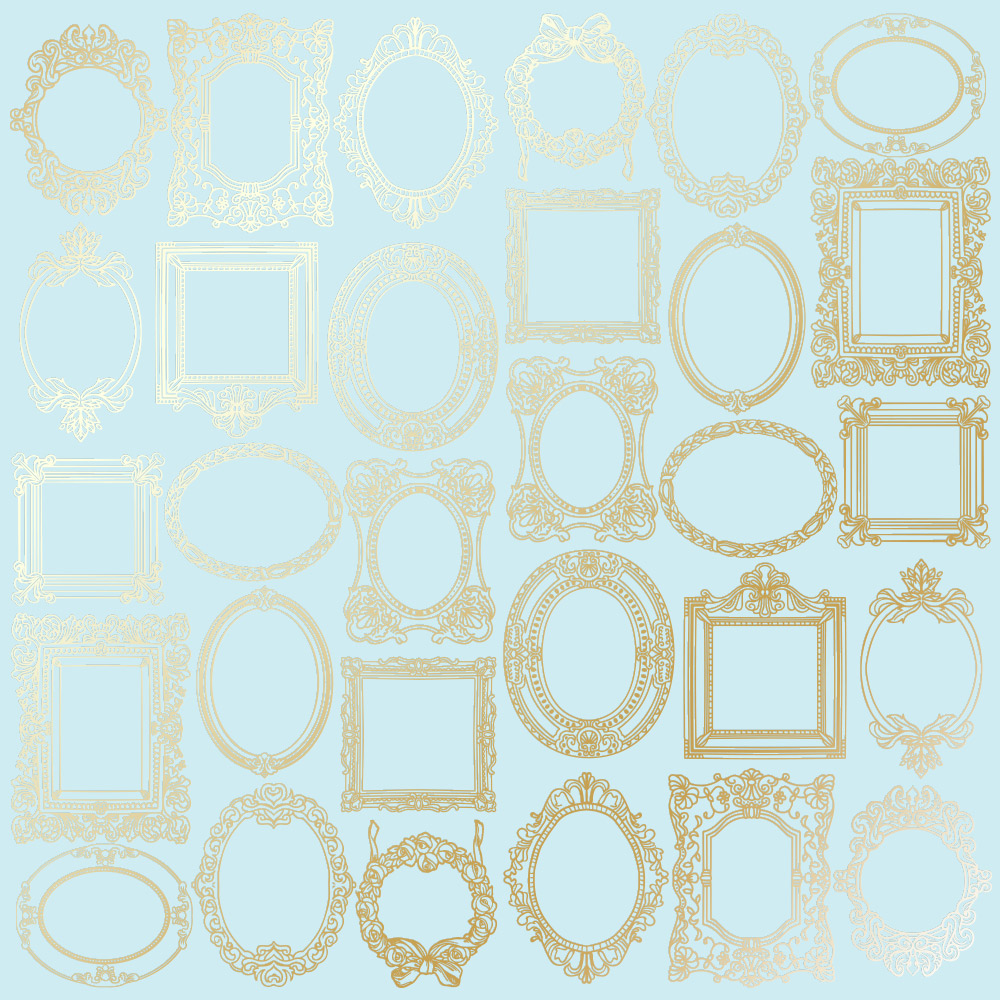 Sheet of single-sided paper with gold foil embossing, pattern "Golden Frames Blue"