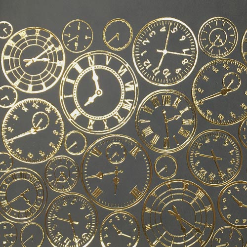 Отрез кожзама с тиснением золотой фольгой, дизайн Golden Clocks Gray, 50см х 25см - Фото 1