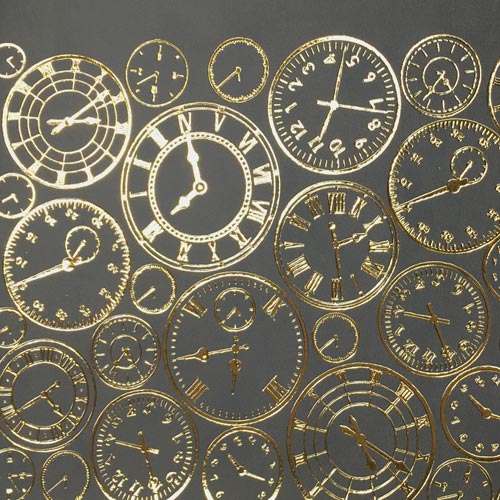 Skóra PU do oprawiania ze złotym tłoczeniem, wzór Golden Clocks Grey, 50cm x 25cm  - foto 1  - Fabrika Decoru