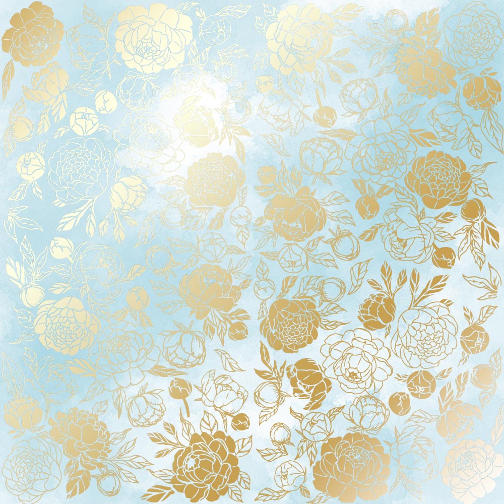 Einseitig bedruckter Bogen mit Goldfolienprägung, Muster "Goldene Pfingstrose Passion, Farbe Azur Aquarell" - Fabrika Decoru