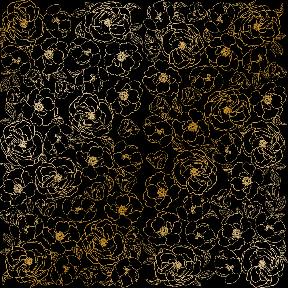 Blatt aus einseitigem Papier mit Goldfolienprägung, Muster Golden Pion Black, 12"x12" - Fabrika Decoru