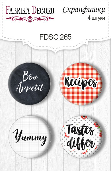 Set mit 4 Flair Buttons zum Scrapbooking „Soul Kitchen“ EN #265 - Fabrika Decoru