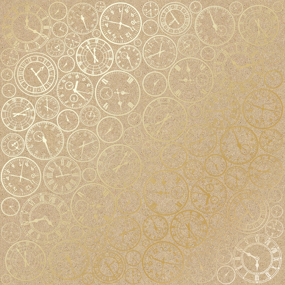 Sheet of single-sided paper with gold foil embossing, pattern Golden Clocks Kraft 12"x12" 
