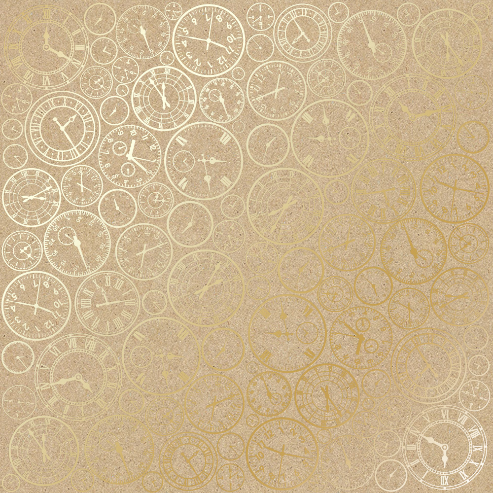 Sheet of single-sided paper with gold foil embossing, pattern Golden Clocks Kraft 12"x12" 