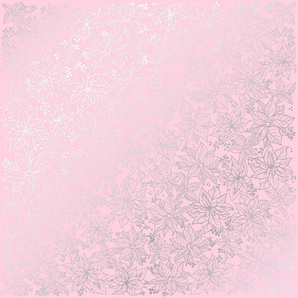 Sheet of single-sided paper embossed with silver foil, pattern Silver Poinsettia Pink 12"x12"