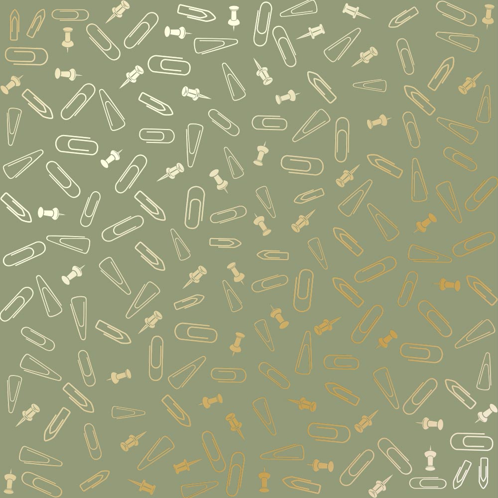 Sheet of single-sided paper with gold foil embossing, pattern Golden Drawing pins and paperclips, color Olive