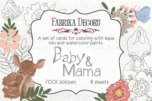 Zestaw pocztówek "Baby&Mama" do kolorowania atramentem akwarelowym EN - Fabrika Decoru