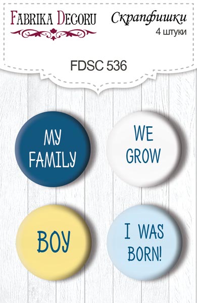 Set mit 4 Flair-Buttons zum Scrapbooking My cute Baby Elephant Boy #536 - Fabrika Decoru