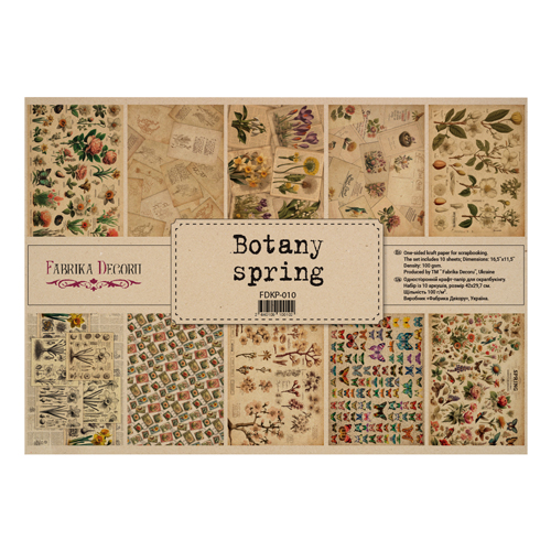 Zestaw jednostronnego kraftowego papieru do scrapbookingu Botany spring 42x29,7 cm, 10 arkuszy  - Fabrika Decoru