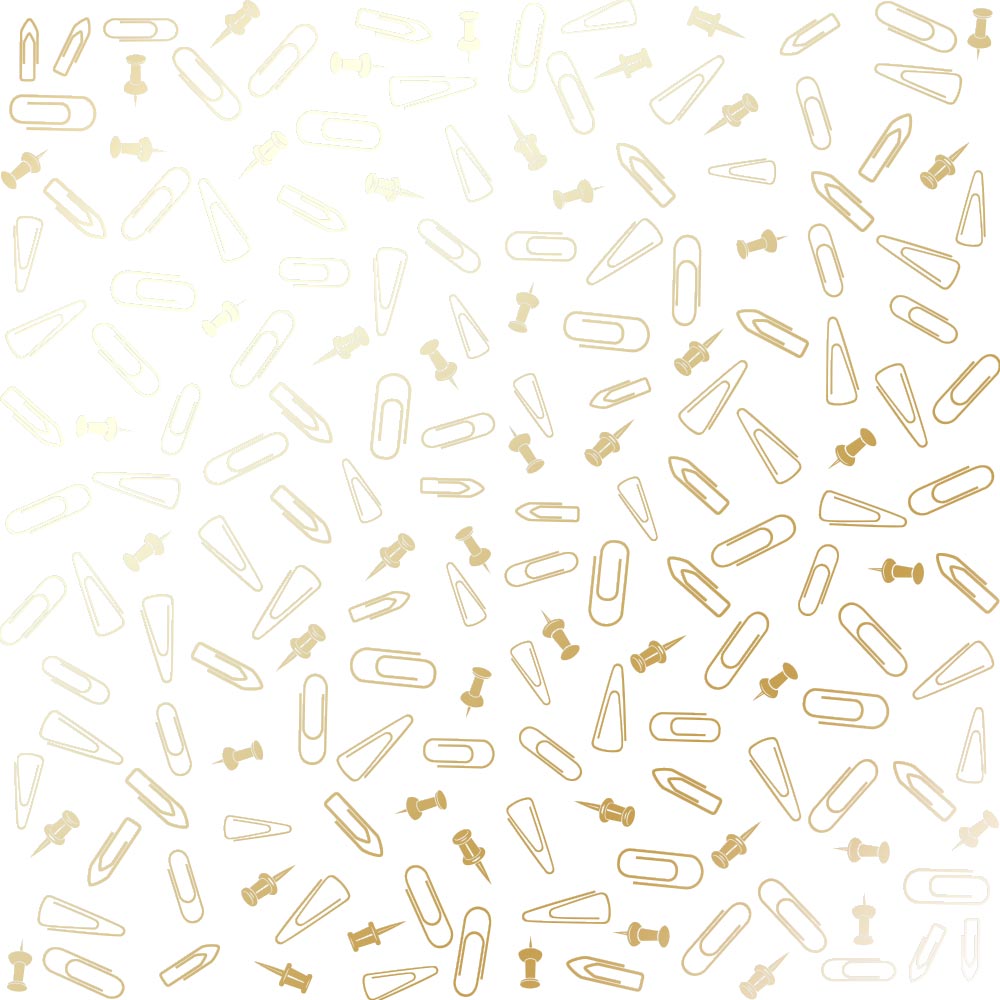 Sheet of single-sided paper with gold foil embossing, pattern Golden Drawing pins and paperclips, color White