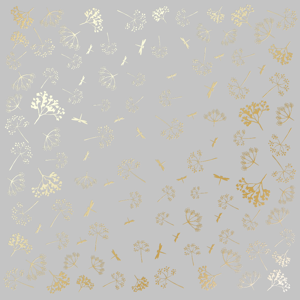Sheet of single-sided paper with gold foil embossing, pattern Golden Dill Gray, 12"x12"