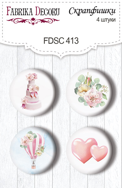 Set mit 4 Flair-Buttons zum Scrapbooking Walking on Clouds #413 - Fabrika Decoru