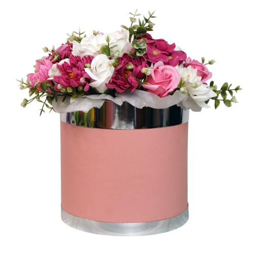 "the magic of love" composition with soap foam flowers in a hat box, 250 x 250 x 300 mm