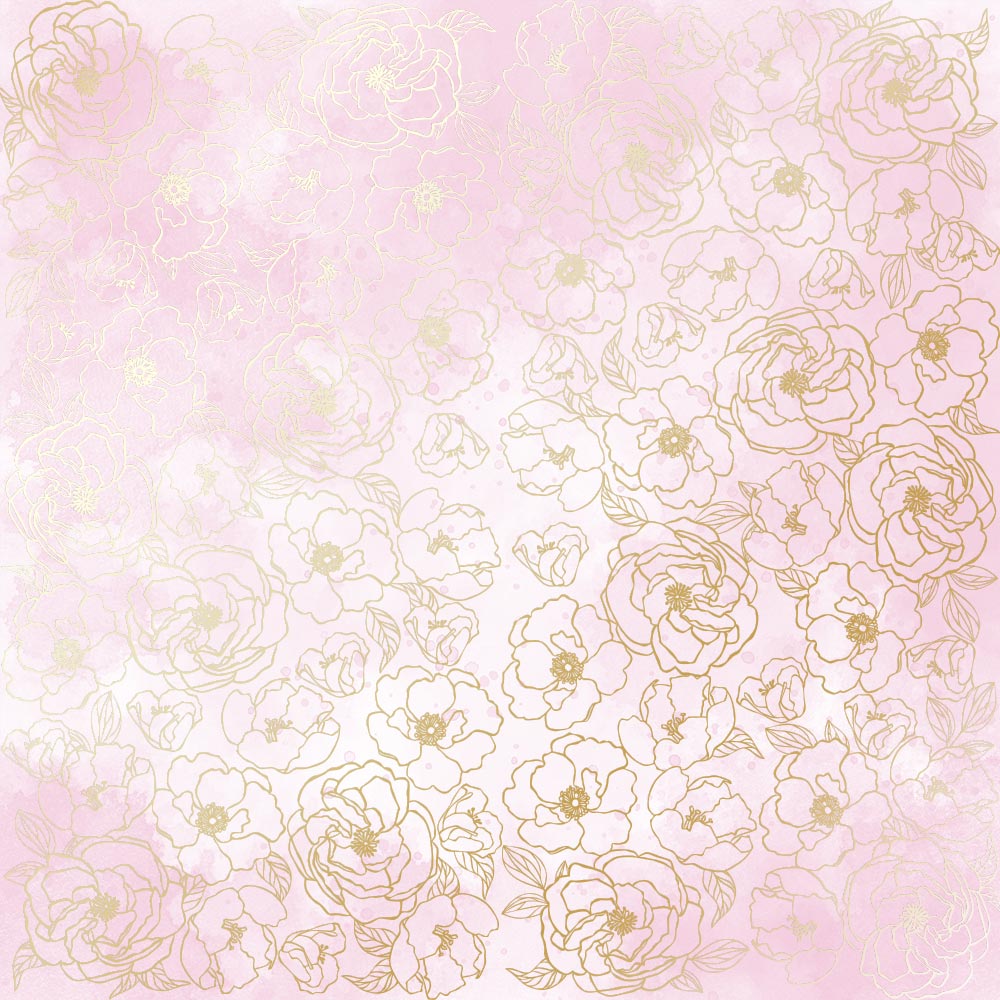 Blatt aus einseitigem Papier mit Goldfolienprägung, Muster Golden Pion, Farbe Pink Shabby Watercolor, 12"x12" - Fabrika Decoru