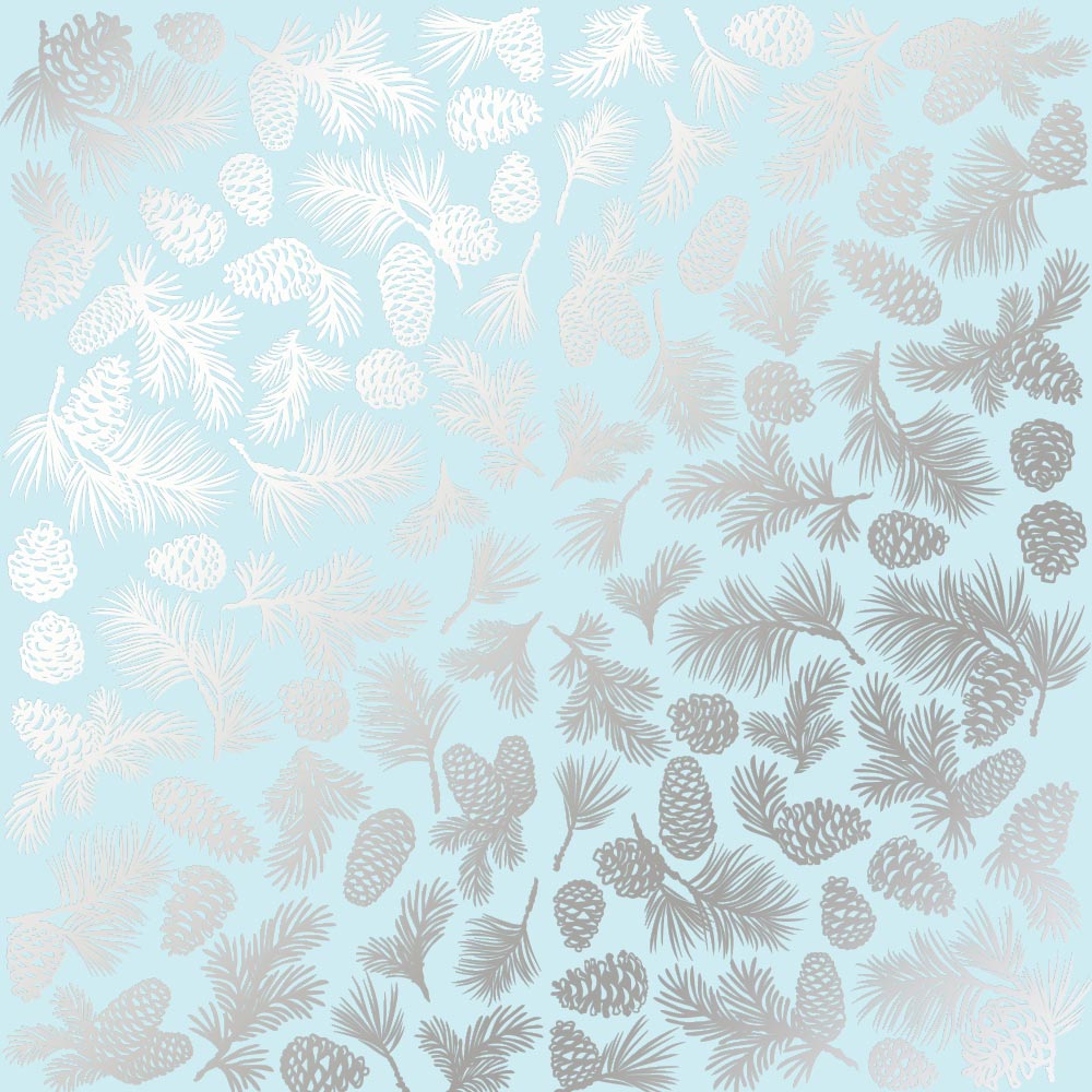 Sheet of single-sided paper embossed with silver foil, pattern Silver Pine cones Blue 12"x12" 