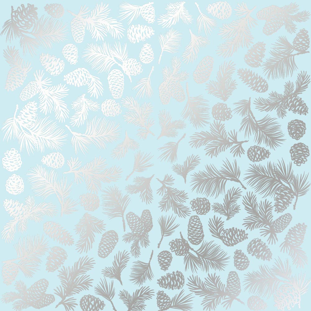 Einseitig bedrucktes Blatt Papier mit Silberfolie, Muster Silber Tannenzapfen Blau 12"x12" - Fabrika Decoru