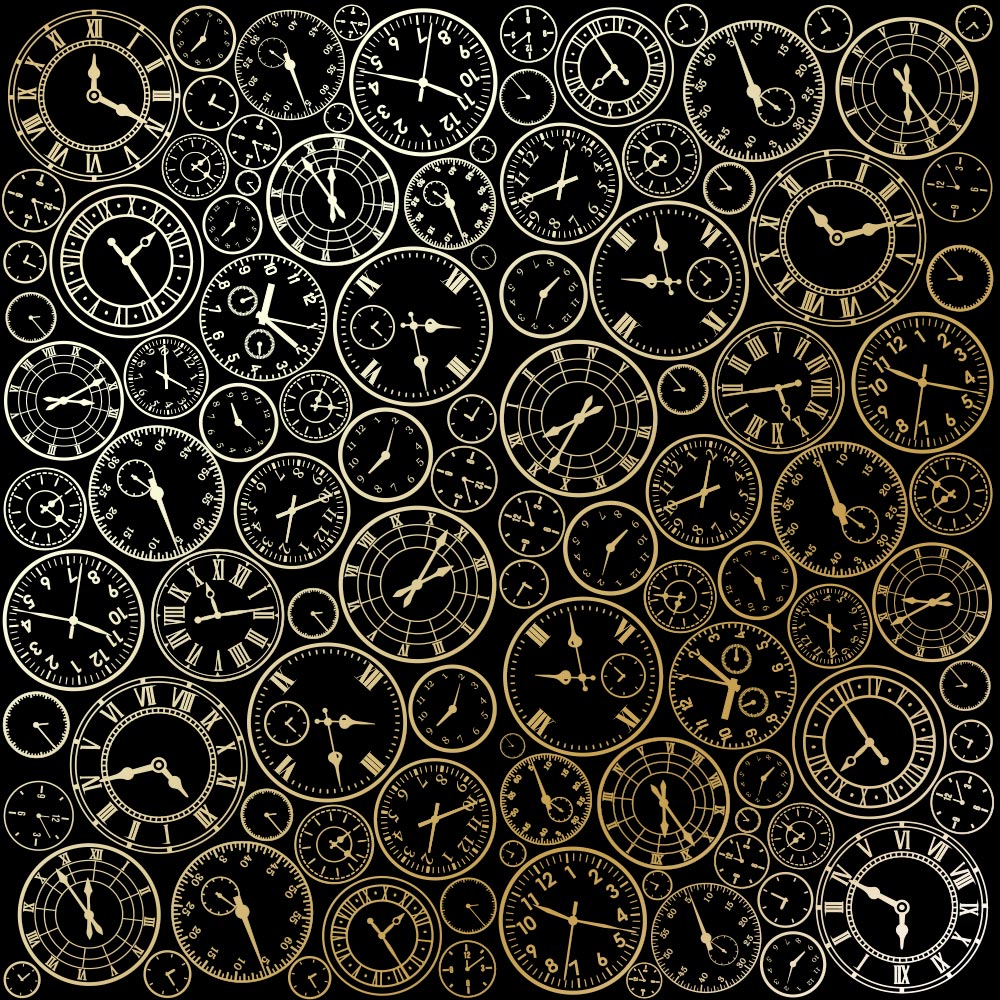 Sheet of single-sided paper with gold foil embossing, pattern Golden Clocks Black 12"x12" 