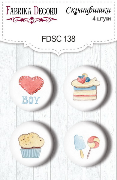 Set mit 4 Flair-Buttons zum Scrapbooking "Sweet Baby Boy 2" #138 - Fabrika Decoru