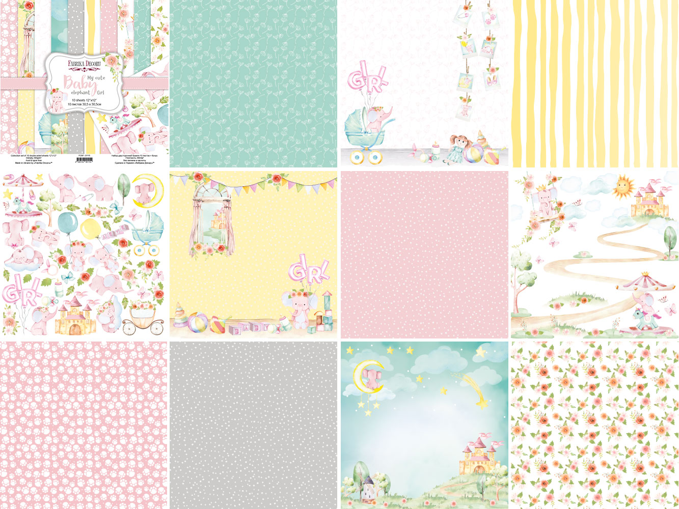 Double-sided scrapbooking paper set My cute Baby elephant girl 12"x12", 10 sheets - foto 0