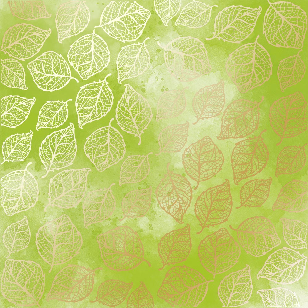 Blatt aus einseitigem Papier mit Goldfolienprägung, Muster Golden Delicate Leaves, Farbe Hellgrüne Aquarellfarbe, 12"x12" - Fabrika Decoru