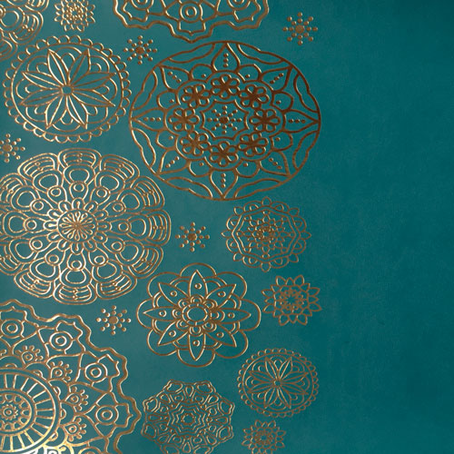Piece of PU leather with gold stamping, pattern Golden Napkins Turquoise, 50cm x 25cm - foto 1