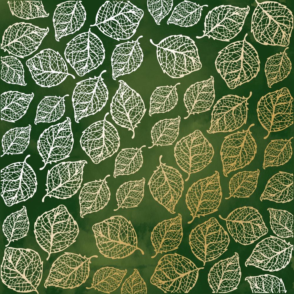 Blatt einseitig bedrucktes Papier mit Goldfolienprägung, Muster Golden Delicate Leaves, Farbe Grünes Aquarell, 30,5 x 30,5 cm - Fabrika Decoru