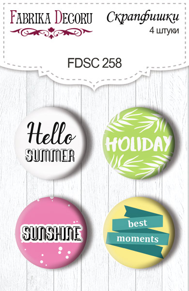 4er Set Flair Buttons zum Scrapbooking "Sommerferien" EN #258 - Fabrika Decoru