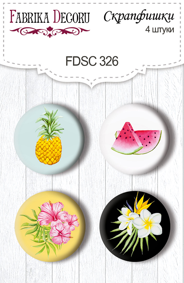 Set mit 4 Flair-Buttons zum Scrapbooking von "Wild Tropics 1" #326 - Fabrika Decoru