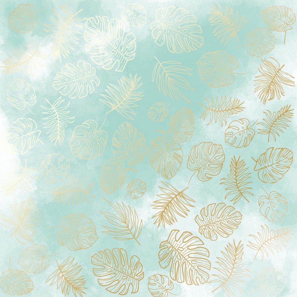 Blatt aus einseitigem Papier mit Goldfolienprägung, Muster Golden Tropical Leaves, Farbe Mint Aquarell, 30,5 x 30,5 cm - Fabrika Decoru