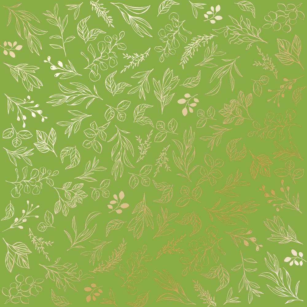 Sheet of single-sided paper with gold foil embossing, pattern "Golden Branches, color Bright green"