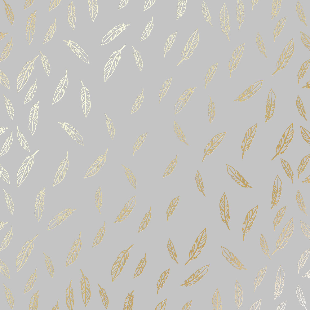 Sheet of single-sided paper with gold foil embossing, pattern Golden Feather Gray, 12"x12"