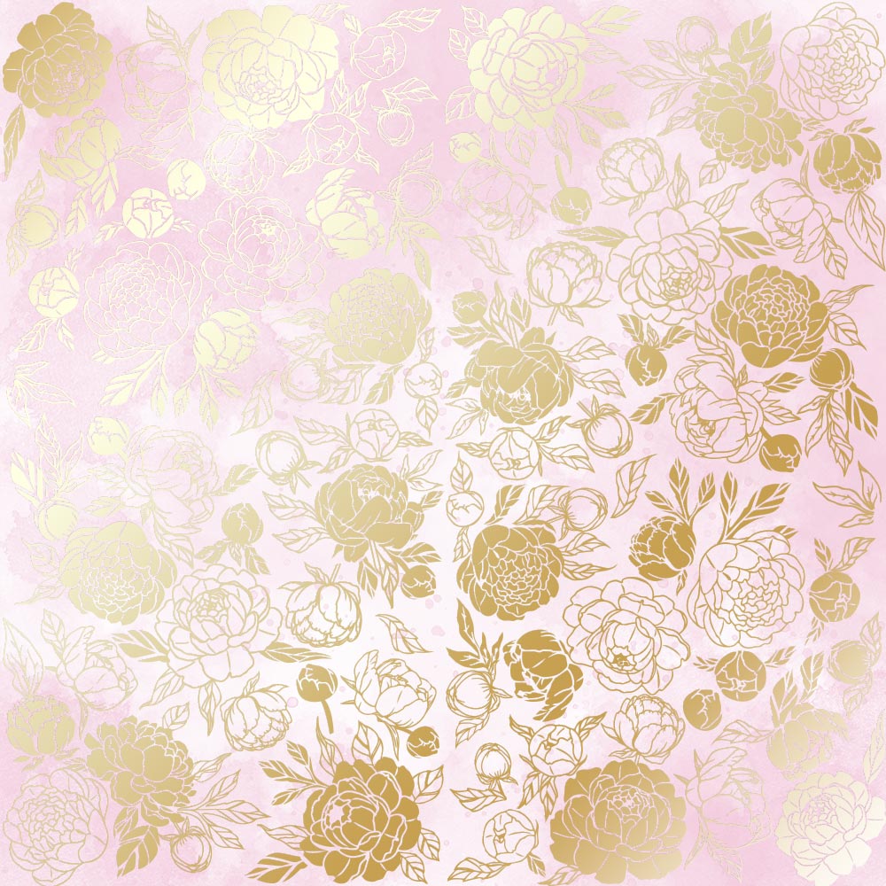 Sheet of single-sided paper with gold foil embossing, pattern "Golden Peony Passion, color Pink shabby watercolor"