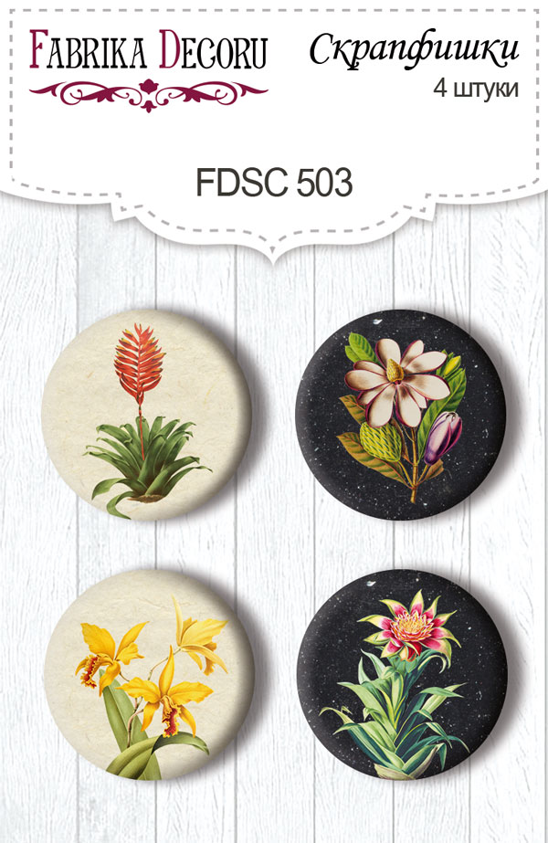 Zestaw 4 ozdobnych buttonów Botany exotic #503 - Fabrika Decoru