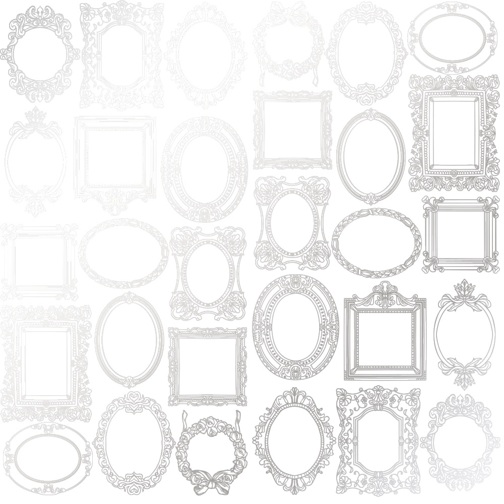 Sheet of single-sided paper embossed with silver foil, pattern Silver Frames White 12"x12" 