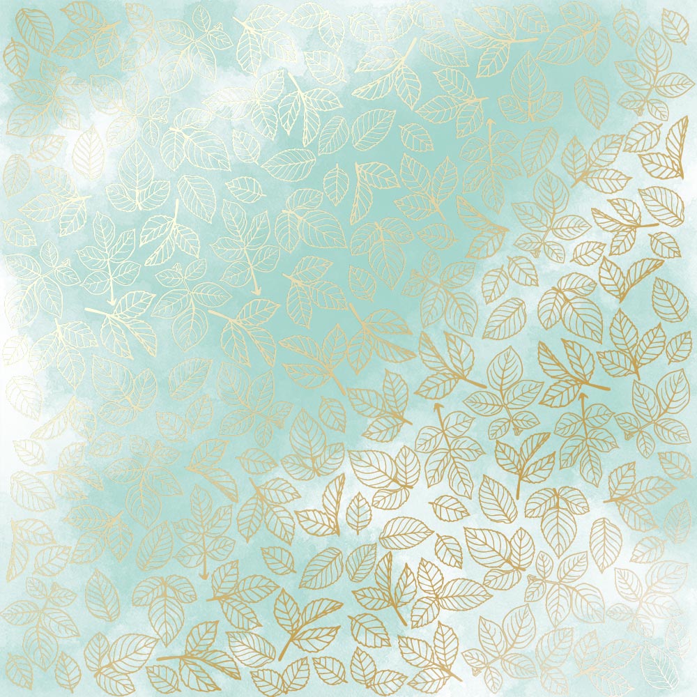 Sheet of single-sided paper with gold foil embossing, pattern "Golden Rose leaves, color Mint watercolor