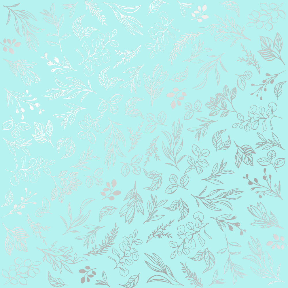 Sheet of single-sided paper embossed with silver foil, pattern Silver Branches Turquoise 12"x12" 