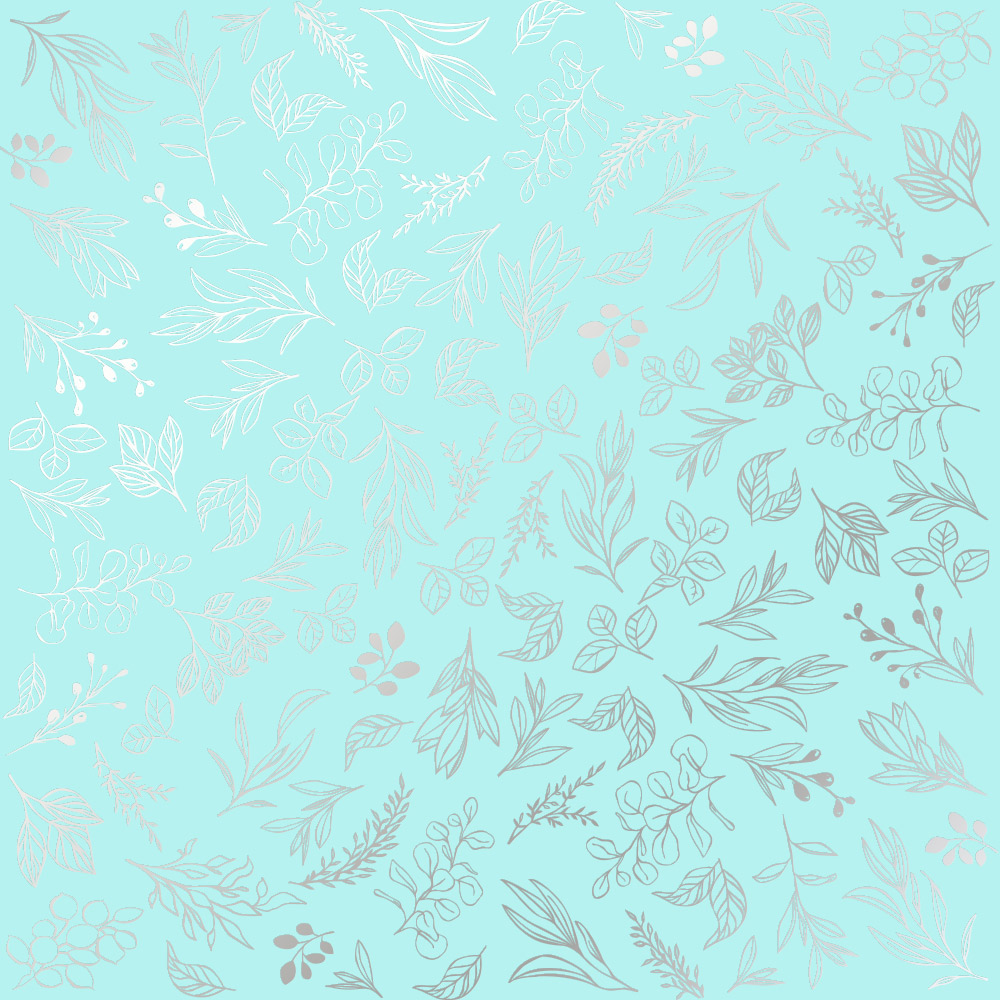 Sheet of single-sided paper embossed with silver foil, pattern Silver Branches Turquoise 12"x12" 