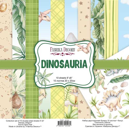 Doppelseitiges Scrapbooking-Papierset Dinosauria, 20 cm x 20 cm, 10 Blätter - Fabrika Decoru