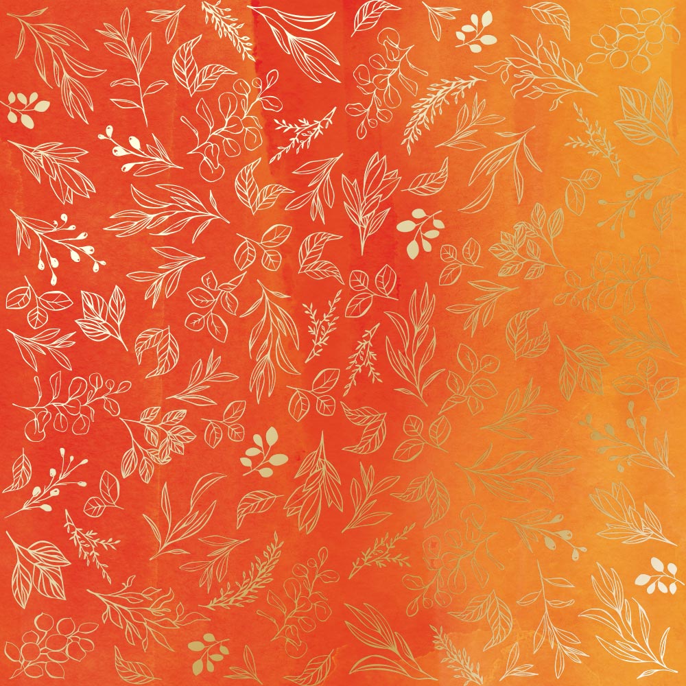 Einseitig bedruckter Papierbogen mit Goldfolienprägung, Muster "Goldene Zweige, Farbe Gelb-Orange Aquarell" - Fabrika Decoru
