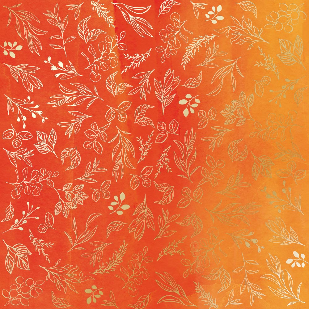 Sheet of single-sided paper with gold foil embossing, pattern "Golden Branches, color Yellow-orange aquarelle "