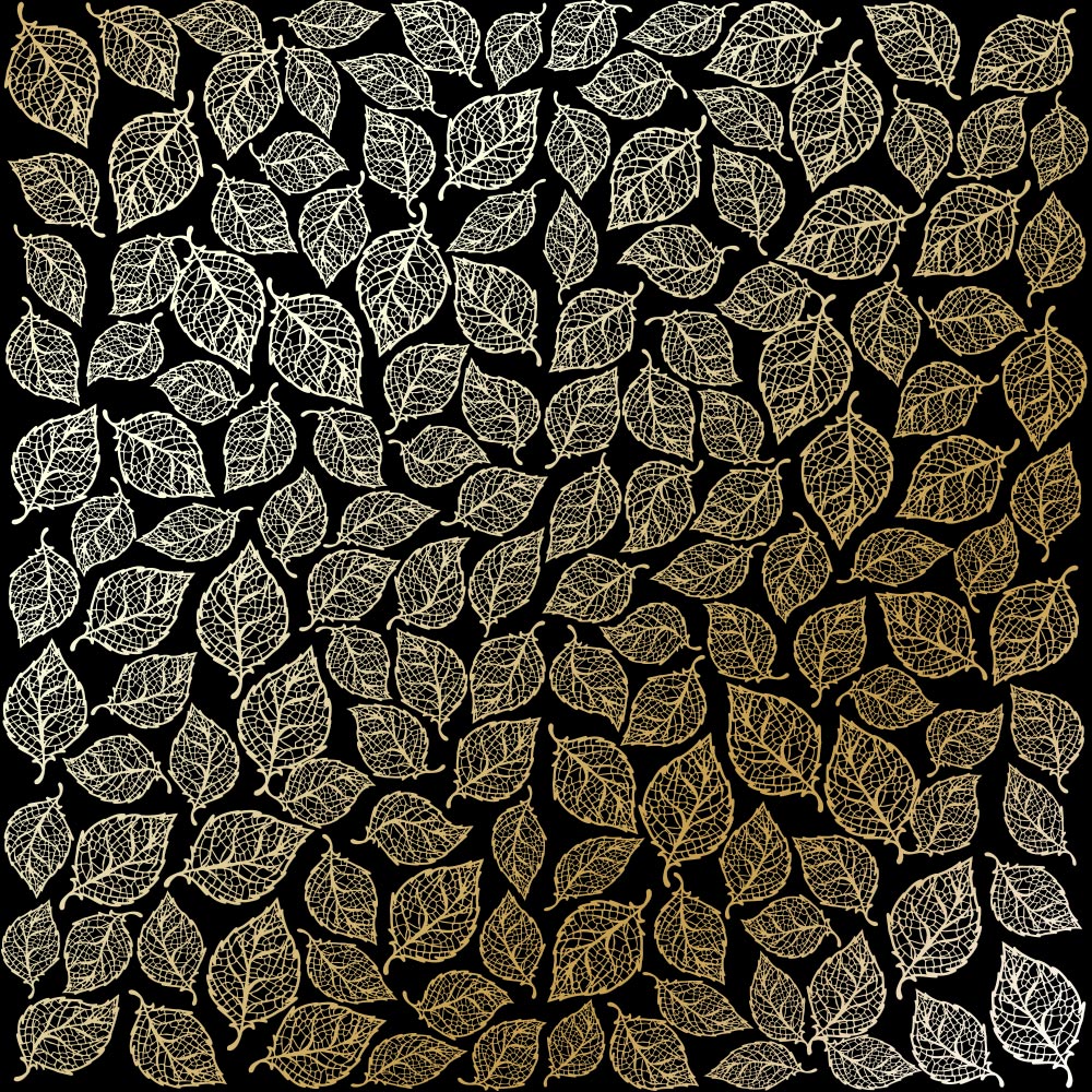 лист односторонней бумаги с фольгированием, дизайн golden leaves mini, black, 30,5см х 30,5см