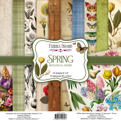 Doppelseitiges Scrapbooking-Papierset Spring botanical story, 20cm x 20cm, 10 Blatt - Fabrika Decoru