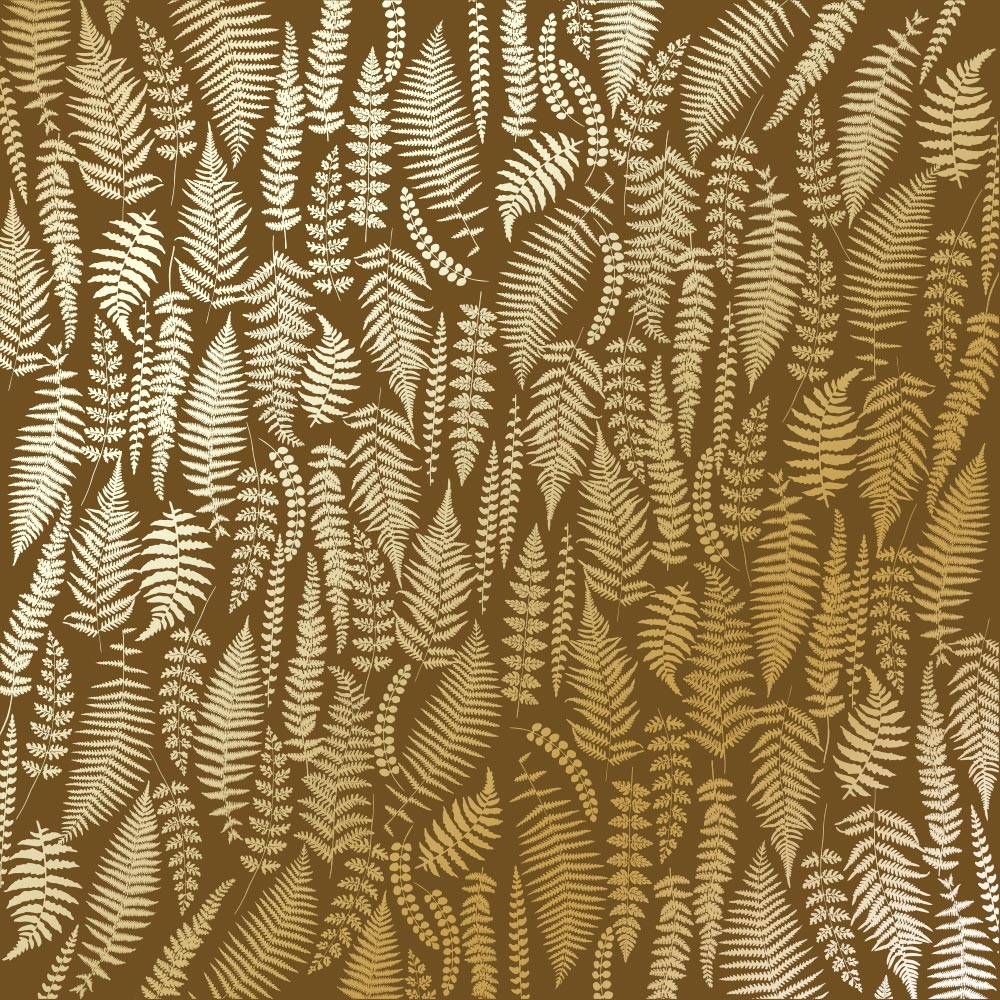 Einseitig bedruckter Papierbogen mit Goldfolienprägung, Muster Golden Farn, Farbe Milchschokolade - Fabrika Decoru