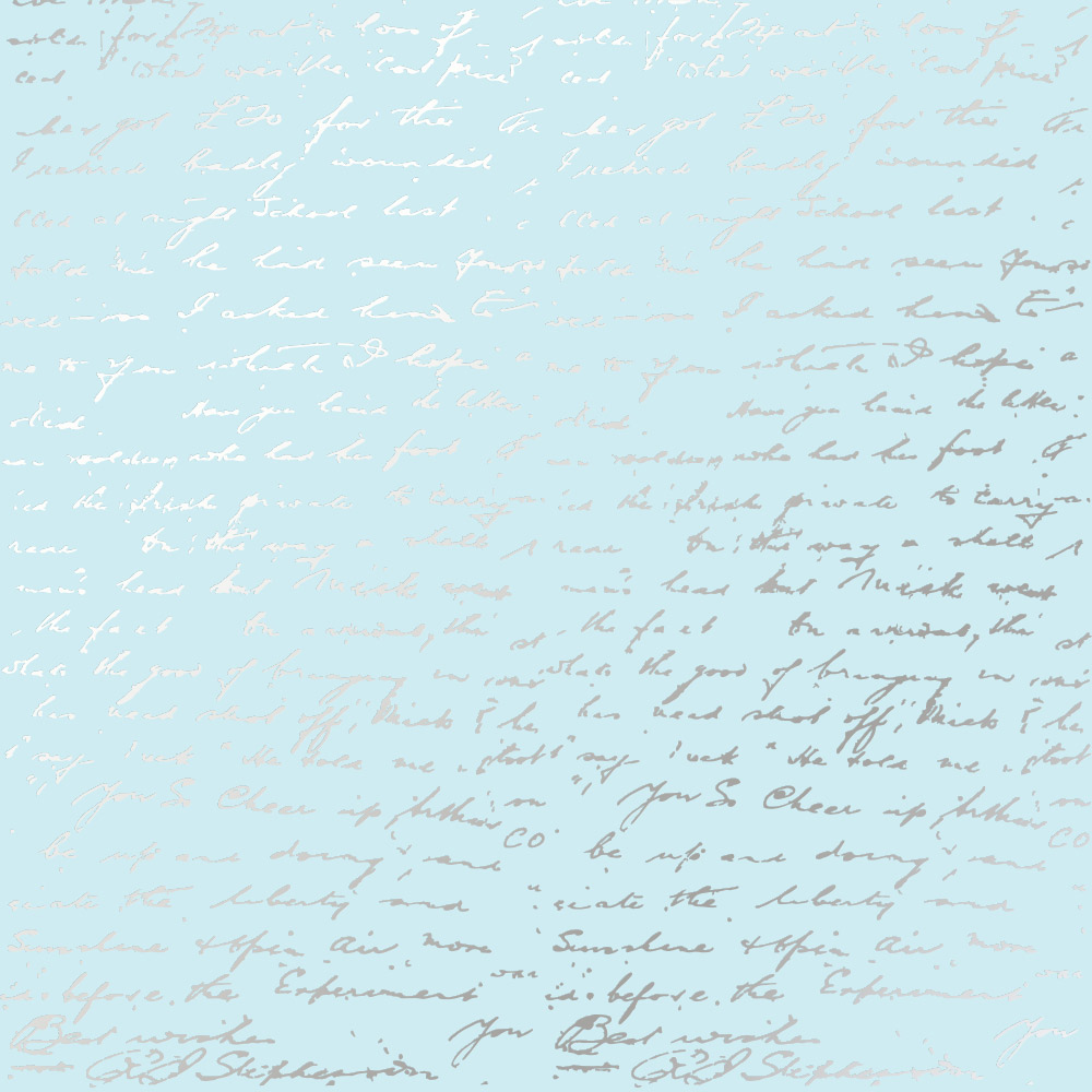 Sheet of single-sided paper embossed with silver foil, pattern Silver Text Blue 12"x12" 